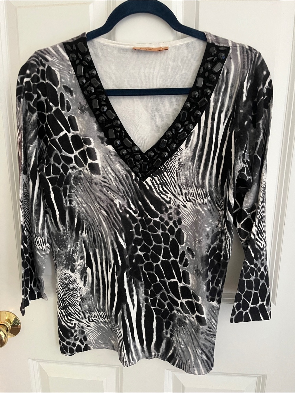 Belldini Black & White V-Neck Embellished Animal-Print Long Sleeve Knit Top